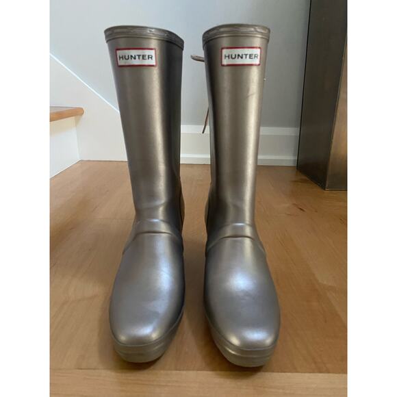 Rare! Hunter Sz 9 - 10 Verbier Lace Up Wedge Platform Rain Boots Titanium Gold - Picture 5 of 11